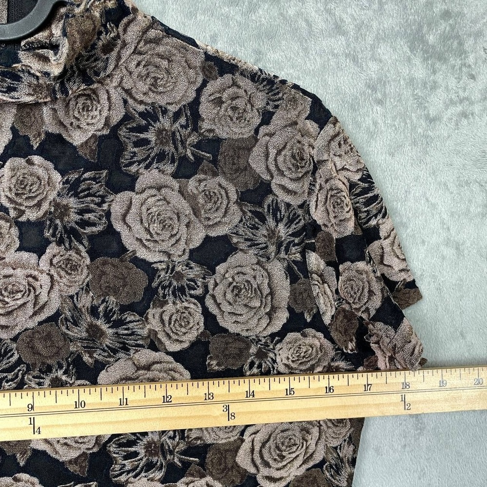 Vintage Black Brown Floral Rose Mock Neck Top Short Sleeve Y2K Grunge Large - Picture 3 of 7